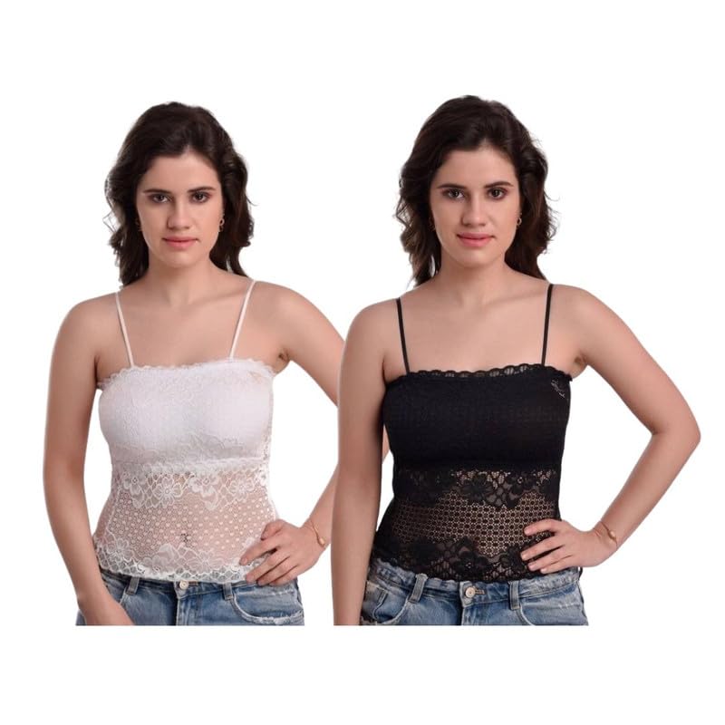 Women's Lightly Padded Solid Floral Lace Camisole with Light Padding Stretchable Spaghetti Slip (Pack of 2)-image-0