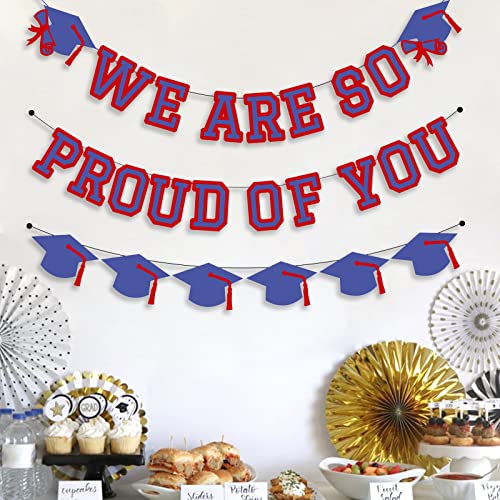 Image of We Are So Proud Of You Banner Graduation Party Decorations Congrats Grad Cap Garlands Wall Sign Blue Red