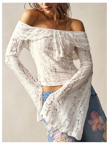 MakeMeChic Women's Fall Bell Sleeve Lace Crop Tops Off The Shoulder Tie Front Tee Shirt2