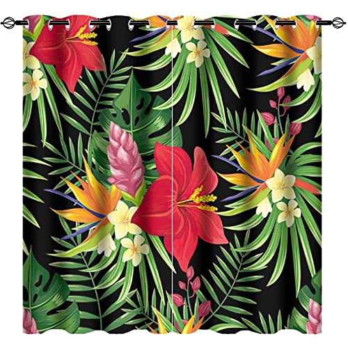 Lot de 2 rideaux occultants dessinés à la main - Motif plantes tropicales - Pour chambre à coucher, salon, salle à manger - 106,7 x 160 cm Cover