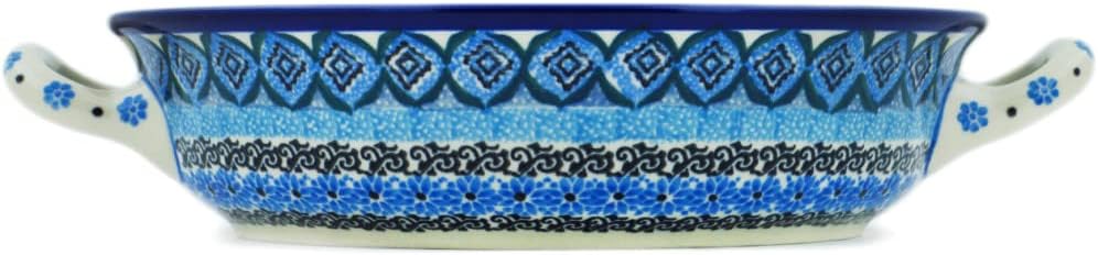 Polmedia Polish Pottery Round Baker with Handles UNIKAT - Sparkling Sea Pattern Handmade in Boleslawiec Poland by Ceramika Artystyczna + Certificate of Authenticity