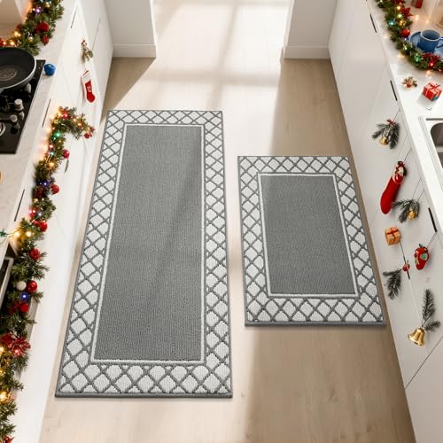 COSY HOMEER Kitchen Rug Mat Sets, 2 Pieces Nonslip Washable Kitchen Floor Mats Rugs, TPR Backing Carpet Runner Rugs for Hallway Entrance Di…
