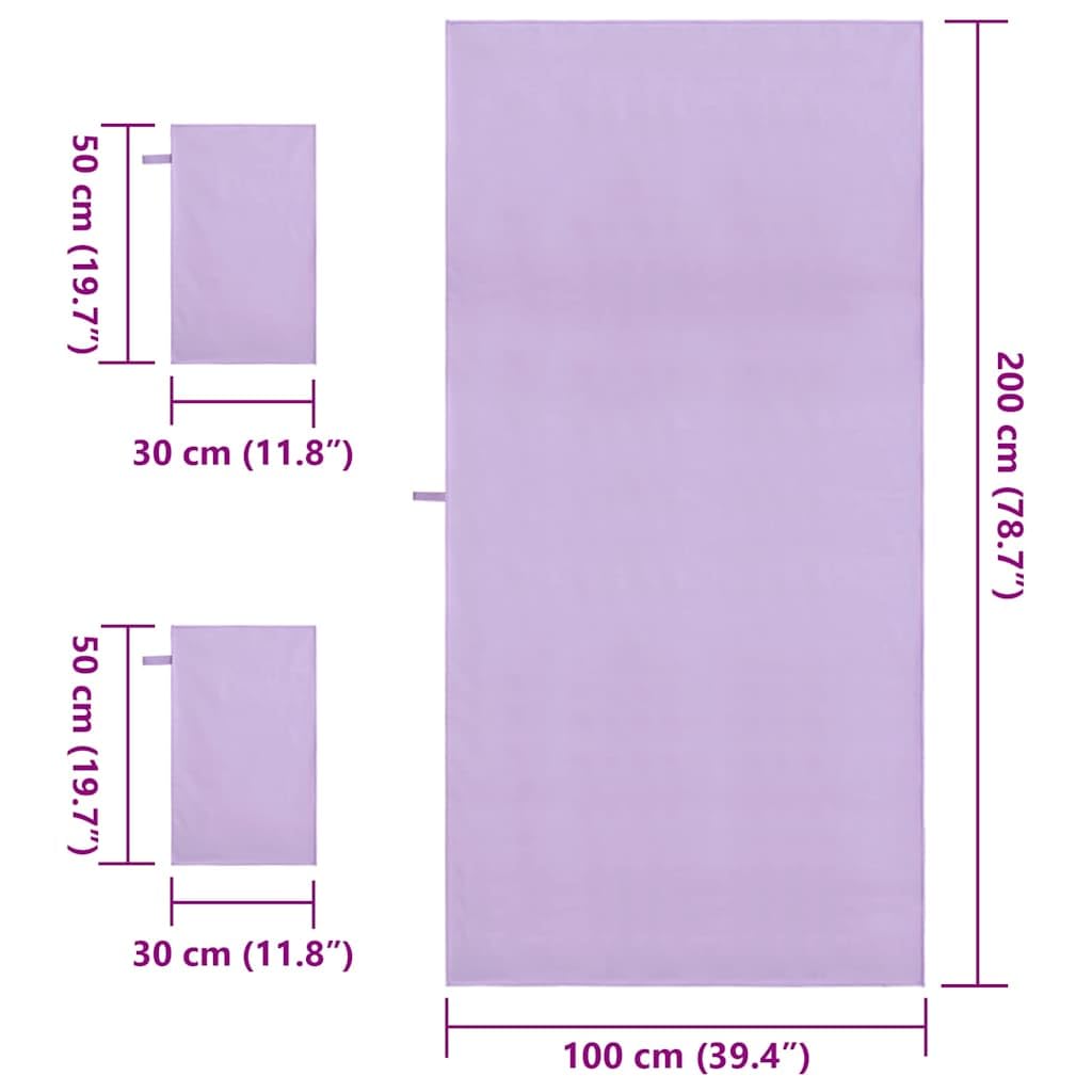 Set de Serviettes de Sport 3 pièces Violet en Polyester et Polyamide, Finition Soft Touch, Grand Format 200 x 100 cm avec 2 Serviettes 50 x 30 cm, légères, séchage Rapide