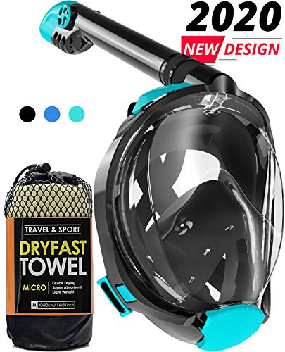 cozia design Full Face Snorkel Mask - 180Â° Panoramic View Scuba Mask, Safe Breathing System for Longer Diving, Anti Fog and Anti Leak Snorkeling Gear with Camera Mount, Fast Drying Microfiber Towel