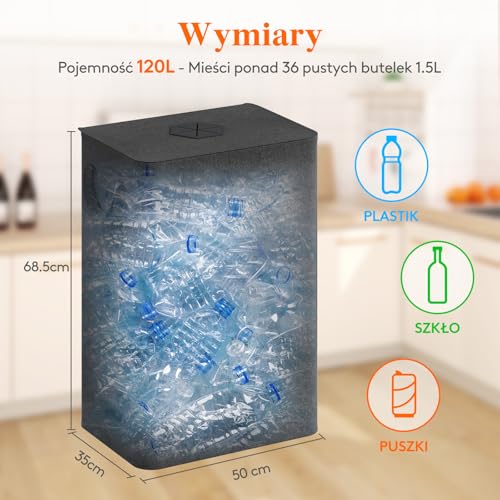 Lifewit 120 l butelki na kaucje, pojemnik kolekcjonerski z pokrywką, organizator, stare szkło, z wrzutem, torba na butelki, ciemnoszare