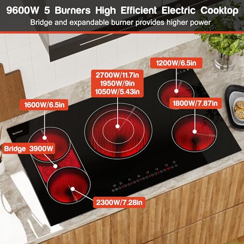 Image of Karinear 36 Inch Electric Cooktop, 5 Burners Electric Stove Top, Drop-in | Flexible Bridge &Triple Ring Expandable Burners, Pause, Timer, Child Lock, 9600W, Built-in Ceramic Cooktop 220-240V HardWired