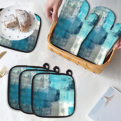 Mcalk 5 Pcs Turquoise Oven Mitts And Pot Holders Sets, Teal Oven Gloves And Hot Pads For Kitchen Cooking, Abstract Modern Art Oven Mitt Potholder Is Both Functional And Decorative #TOP2