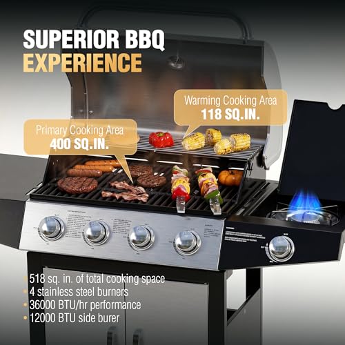 MASTER COOK 4+1 Burners Gas Grill, 518 Sqin Cooking Area, 52,000 BTU Propane Grill with Side Burner, Stainless Steel Cabinet Grill, Silver & Black