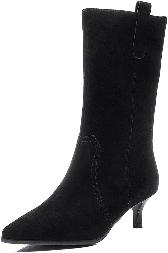 FSJ Women Fashion Suede Pointed Toe Kitten Low Heel Mid Calf Boots Side Zipper Casual Dress Walking Ladies Shoes Size 4-15 US
