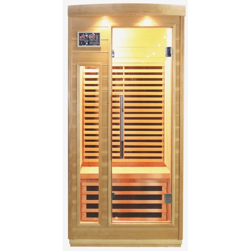 SNÖ Sauna Infrarouge Extérieur 1 Place 1500W Cabine Hemlock Bois Massif Chromothérapie LED Panneaux Carbone Porte Verre Sécurisé Ionisateur Bluetooth