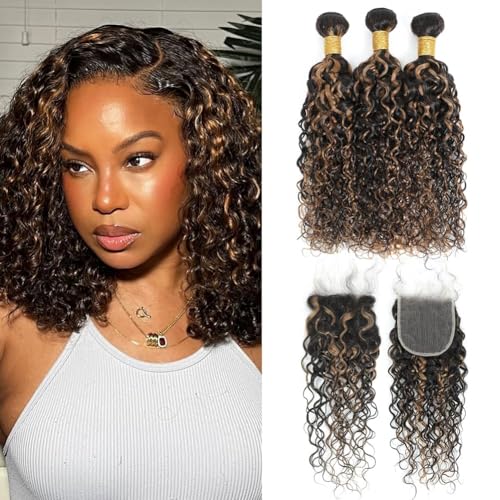 Water Wave Curly Black Hair with Brown Highlights, 1b/30 Brunette