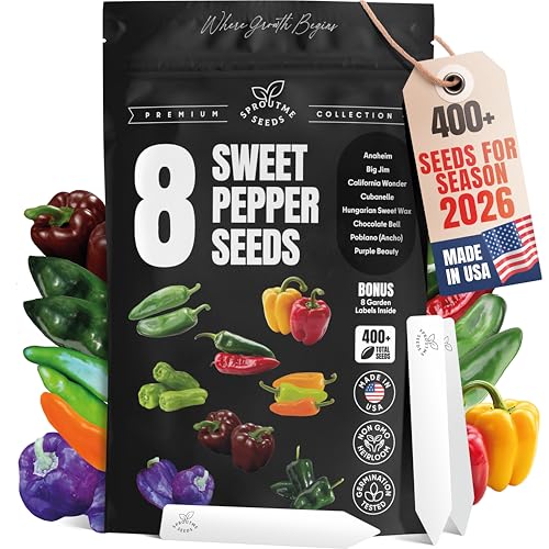 SproutMe Sweet & Mild Bell Pepper Seeds Variety Pack for Planting 8 Varieties California Wonder Poblano Cubanelle Anaheim Purple Beauty 400 Non-GMO Heirloom for Indoor & Outdoor Garden Growing