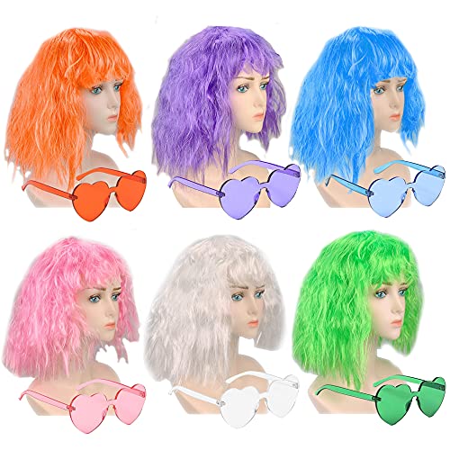 PLANTURECO Wigs and Heart Sunglasses Set, 6 Pack Colored Wig, Neon Wigs for Women, Party Wigs Wig with 6 Pack Heart Shap