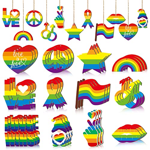 Qunclay 36 Pcs Pride Decor LGBT Wooden Hanging Ornaments LGBT Rainbow Heart Love is Love Pride Ornaments with Rope for Gay Lesbian Party Decorations