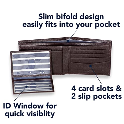 Nautica Men's Bifold Leather Wallet And Passcase, With 4 Slots, Rfid Protection, And Id Windows, Brown #TOP5