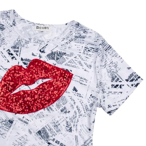 Image of PESION Womens Short Sleeve T-Shirt Sequined Tops O-Neck Funny Graphic Tees Blouse