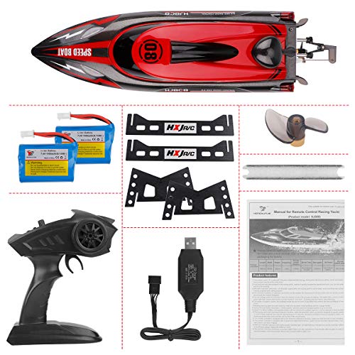 Innovateking HJ808 RC Boat Remote Control Boat RC Racing Boat 2.4Ghz High Speed Boat for Waters and Lakes Adult Children Kids Gift Present Red 2 Batteries Version
