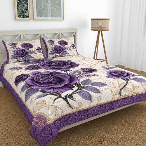 Image of Premium 7D Printed King Size Bedsheet Set with Pillow Covers Soft Cotton Blend Double Bedsheet for Home (Pillow Covers :18x28 inches Bedsheet :90x100 Purple)