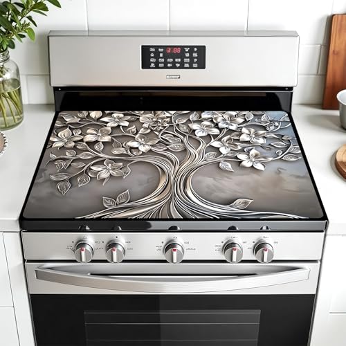 Image of Multi-Design Stove Top Cover for Glass /Electric Stoves - 3-in-1 Heat-Resistant Protector Mat, Non-Slip Drying Rack 28 inchx20 inch (Silver-Tree, 28 inch L x 20 inch W)