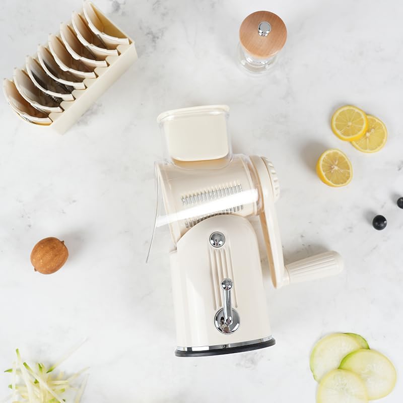 Miniatura 9 de Rallador de queso giratorio manual 5 en 1 con asa, cuchillas reemplazables de acero inoxidable para cortar, triturar, moler y cortes ondulados, base