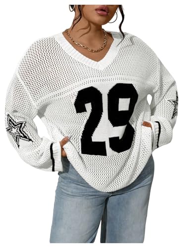 Women's Plus Size Jersey Shirts Number Graphic Hollow Out Sweater Long Sleeve V Neck Knit Pullover Tops Black and White Plus X-Large Plus