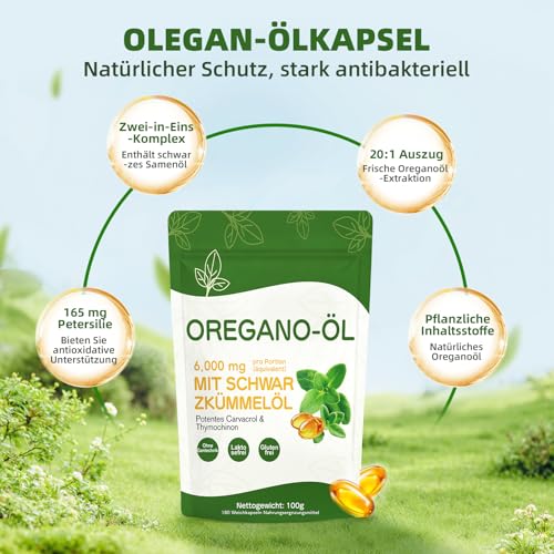 Oregano Öl Kapseln 6000 mg, 180 Weichkapseln – 2-in-1 Oreganoöl mit Schwarzkümmelöl – Pflanzliche Ölkombination mit Carvacrol & Thymochinon – Ohne Gentechnik – Für tägliche Ernährungsroutine