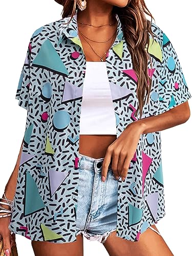 80s 90s Outfits Shirt Women Retro Disco Party Button Up Tshirt Hawaiian Beach Short Sleeve Blouse Top