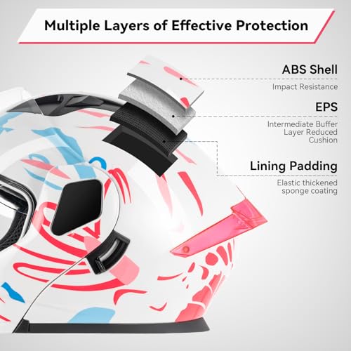 Adult Modular Motorcycle Helmets, DOT Approved Flip up Dual Visor Full Face Helmet for Men Women Moto ATV UTV Snowmobile ADV Four Wheeler Street Bike with Gloves & Mask (Pink Blue White, XL) by helmelkin - Image 5