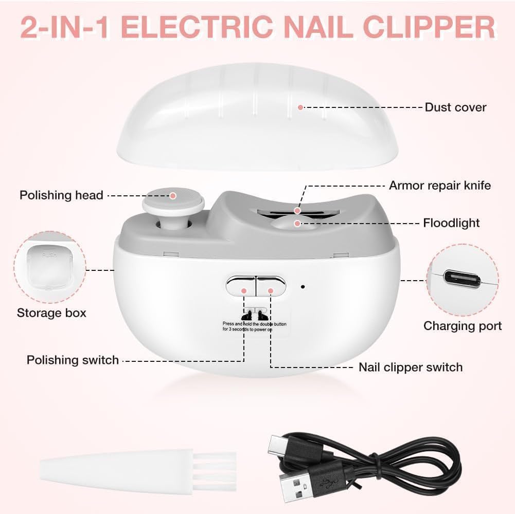 Electric Nail Clippers,2026 New 3-in-1 with LED Light & Polishing 2 Adjustable Speeds for Nail Trimmer for Suitable for Adults, Seniors and Baby (White)