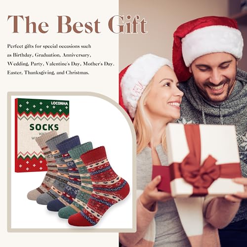 Image of LOCONHA Womens Wool Socks 5 Pairs Winter Warm Sock Thick Knit Cabin Cozy Crew Soft Socks Gifts for Women
