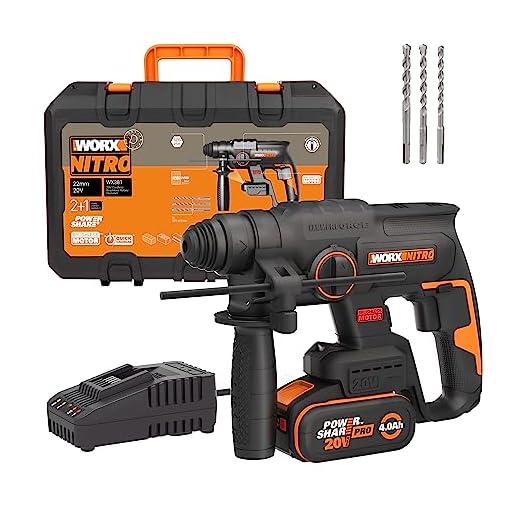 WORX Nitro WX381 - Martello pneumatico senza spazzole da 20 V, per forare, trapano a percussione e scalpello, 2 Joule, con batteria e caricatore