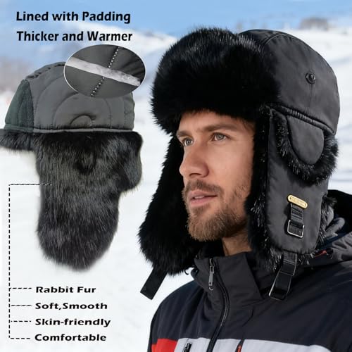 Image of Winter Trapper Hat for Men Women Warm Soft Russian Ushanka Hat Real Rabbit Fur Aviator Bomber Hats Winter Hats with Ear Flaps