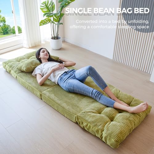 Image of MAXYOYO Folding Sofa Bed, Tufted Bean Bag Bed with Pillows Floor Couch for Adults, Extra Thick and Long Floor Sofa, Single Couch for Bedroom Living Room, Green, 30x91 Inch