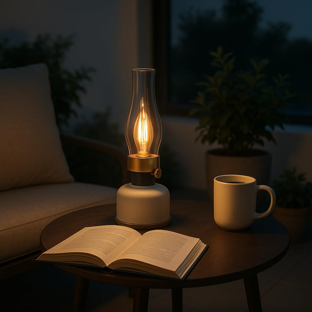 Lanterna da tavolo a LED a batteria, stile retrò, portatile, per esterni e interni, dimmerabile, resistente alle intemperie, IP44, per giardino, terrazza, balcone e campeggio, beige con dettagli