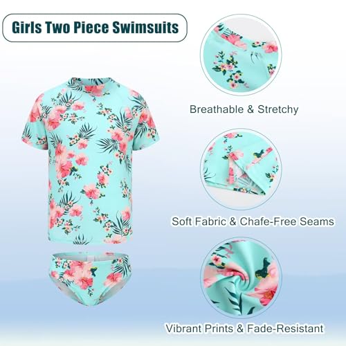 Image of Girls Two Piece Swimsuits Short Sleeve Rash Guard Swim Shirt Bikini Bottom Swim Set Bathing Swim Set Swimwear 3-16 Years