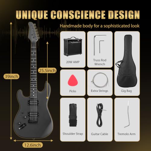 Image of Ktaxon Left-Handed Electric Guitar, Full Size Solid Body Guitars, Matte Black