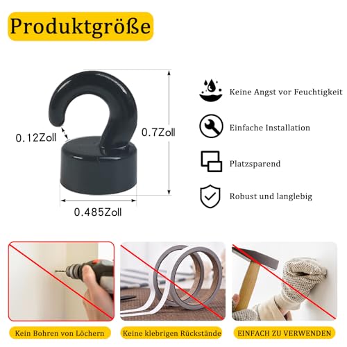 NogmeTaa Mini Magnethaken, Platzsparer & stark – 10 Stück (Schwarz) – Ansicht 3