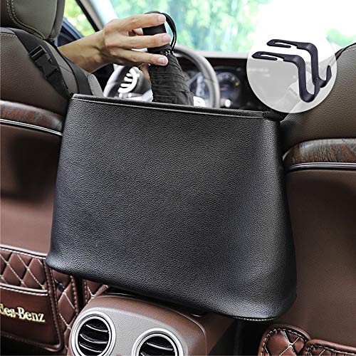 FANGZHIDICar Net Pocket Handbag Holder with 2 Car Hooks, Auto Storage Organizer- Keep Your Car Clean and Tidy- Black Leather Fabric