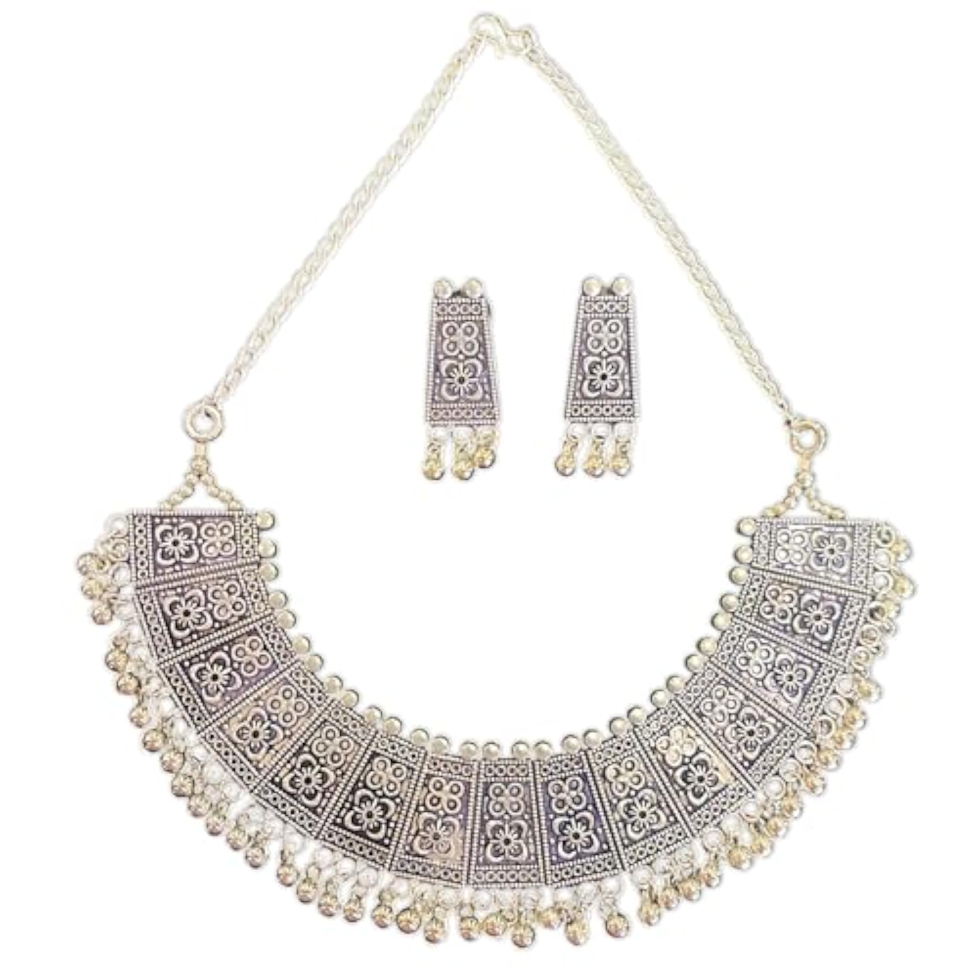 Silver Oxidised Choker Necklace Set with Earrings