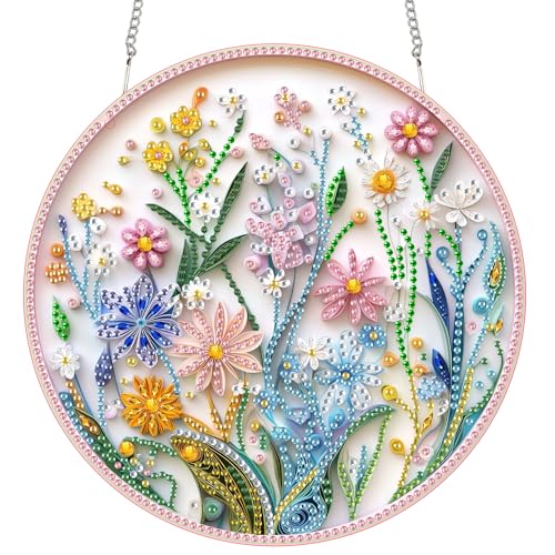 SKRYUIE Flower Hanging Diamond Art Kits for Adults Pendant Suncatcher Special Shaped Crystal DIY Pearl Diamond Painting Kit Gift for Mother Spring Summer Window Wreath Decor 7.5 x 7.3 Inch