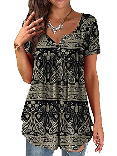 ORANDESIGNE T-Shirt Femme Fleurs Col en V Haut D'été Décontracté Ample Grande Taille Tuniques Hauts Chemise Longue Chemisier Surdimensionné Haut à Manches Courtes A Noir XXL