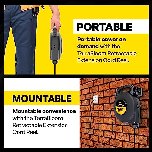 Terrabloom Retractable Extension Cord Reel With Light Indicator - 12/3 Cord Reel 40 Ft - Triple Outlet Electric Cord Reel - Wall Mounted Retractable Power Cord Reel - Ul Listed 14 Amp 125V 1750W #TOP5