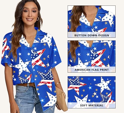 Image of American Flag Shirt for Women 4th of July USA Button Up Tops Summer Hawaii Floral Patriotic Stripes Graphic Tee
