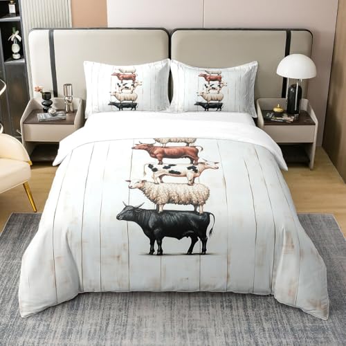 Loussiesd Schaf Kuh 100prozent Baumwolle Bettwäsche Set 135x200cm Land Bauernhof Tier Bettbezug für Kinder Mädchen Jungs Bauernhaus Dekor Betten Zimmer Dekor Bettwäsche-Set