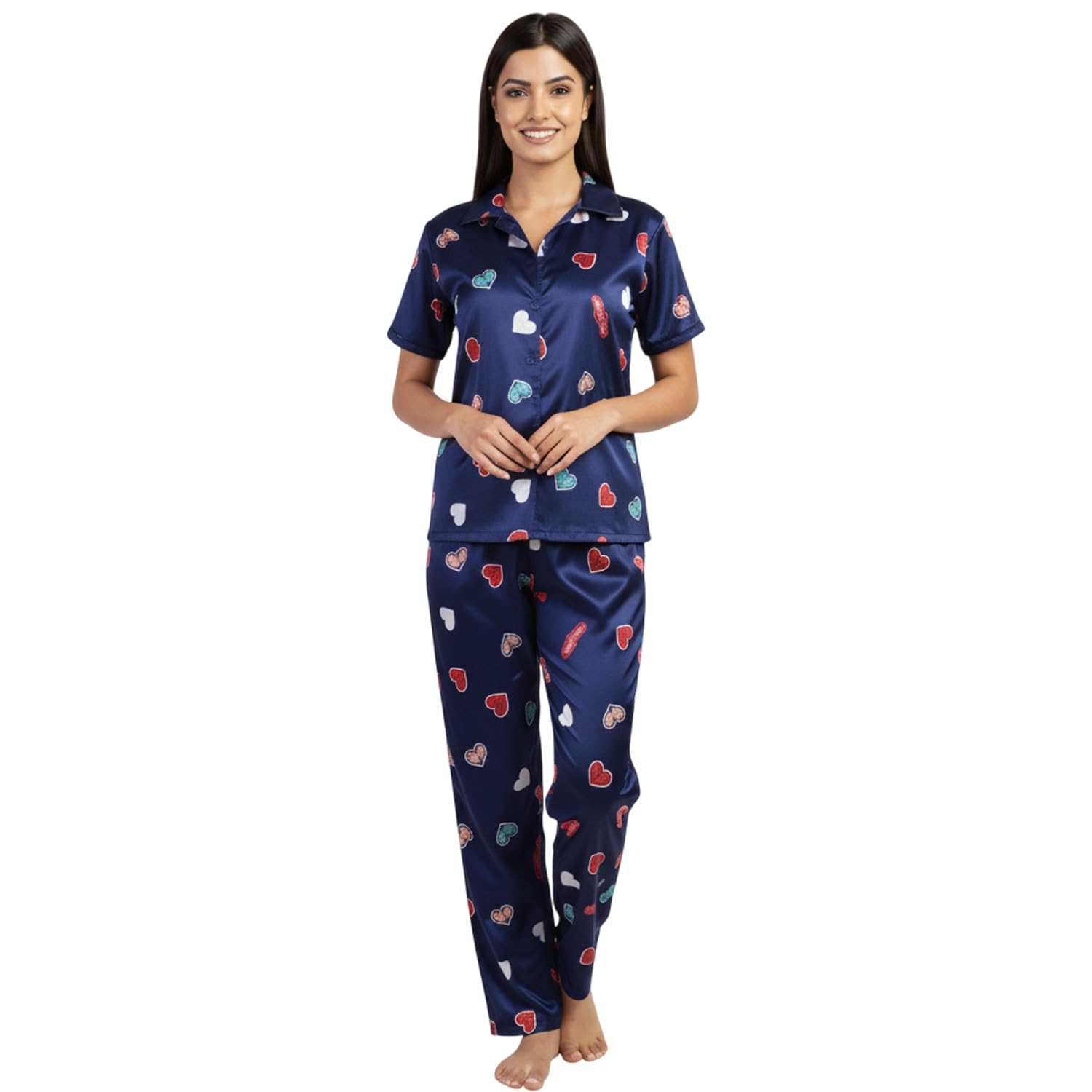 dreamira Women's Satin Heart Printed Night Suit Set of Shirt & Pyjama-picture-47