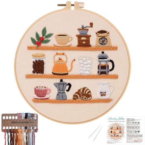 Image of Nuberlic Coffee Bar Embroidery Kit for Beginners | Aesthetic Coffee Shelf Design, Cross Stitch Starter Kit for Adults, Complete Needlepoint Kit