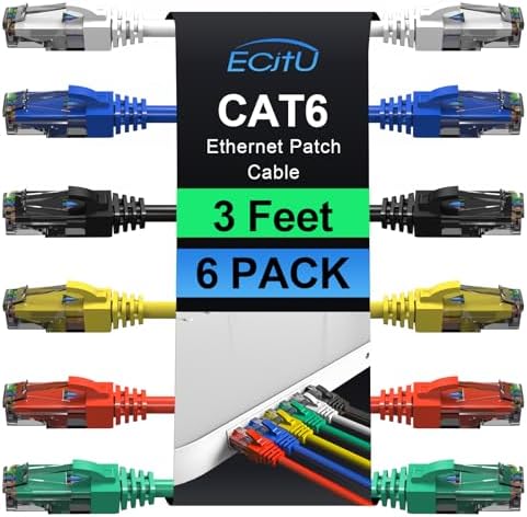 Cat6 Patch Cables 3 Feet (6 Pack), Cat 6 Ethernet Cable, 24AWG CCA Cord, UTP Network, Internet Cable, Compatible for PC, Laptop, Routers, Switches, Servers, Printers, RJ45 LAN with 25 Cable Ties - 3FT