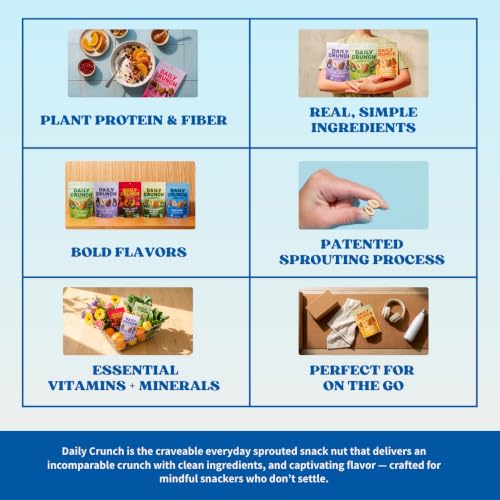 Image of Daily Crunch Sprouted Almonds, Mini Variety Pack, 48 Pack 0.5 oz Bags | Uniquely Crunchy. Non-GMO Certified, Seed & Palm Oil Free, Dairy Free. 6 flavors, 2-3g Plant Based Protein. Women Founded.