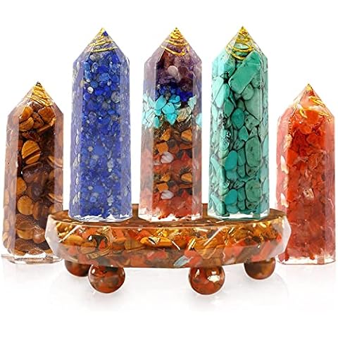 Healing Crystal Wand Set of 6 Orgonite Including 2" Tiger Eye, Lapis Lazuli, Seven Chakra Stone Mixed Crystal, Turquoise, Red Agate and Crystal Holder for Chakra Balancing Meditation Wiccan Gifts Cover
