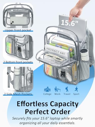 Image of Double-Layer Clear Backpack Heavy Duty, 17 Inch Large Clear Bookbag, Transparent See Through Backpack For School, Work, College, Travel, Sport- Light Grey
